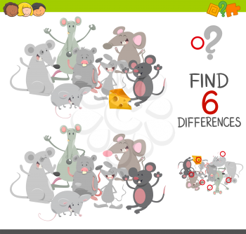 Cartoon Illustration of Spot the Differences Educational Game for Children with Mice Animal Characters Group