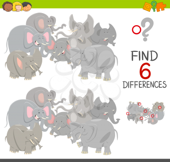 Cartoon Illustration of Spot the Differences Educational Game for Children with Elephants Animal Characters