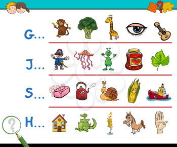 Cartoon Illustration of Finding Picture Starting with Referred Letter Educational Game for Kids