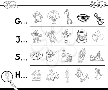Cartoon Illustration of Finding Picture Starting with Referred Letter Educational Game for Kids for Coloring