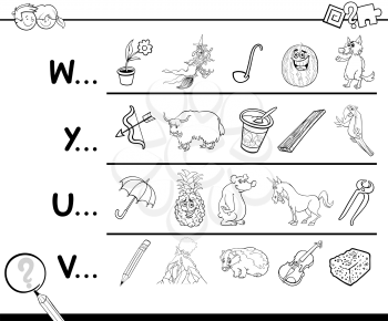 Cartoon Illustration of Finding Picture Starting with Referred Letter Educational Game for Preschool Children for Coloring