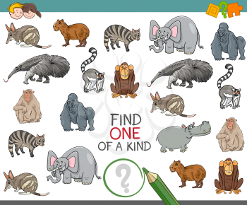 Cartoon Illustration of Find One of a Kind Educational Activity Game for Children with Wild Animal Characters