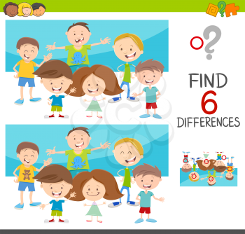 Cartoon Illustration of Spot the Differences Educational Game for Kids with Children Characters Group