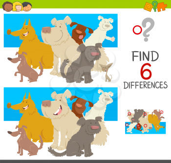 Cartoon Illustration of Spot the Differences Educational Game for Children with Dog Characters Group