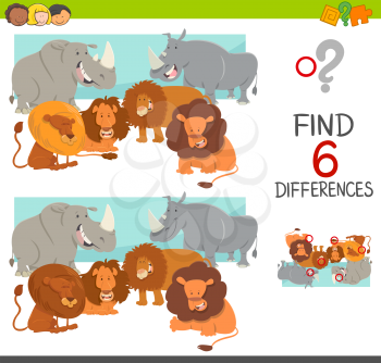 Cartoon Illustration of Spot the Differences Educational Game for Children with Lions and Rhinos Animal Characters