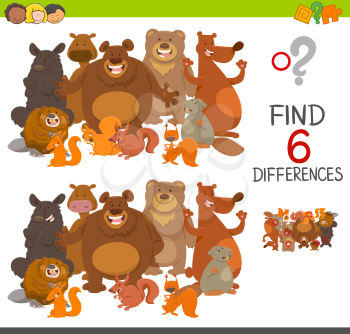 Cartoon Illustration of Spot the Differences Educational Game for Children with Bears and Beavers and Squirrels Animal Characters
