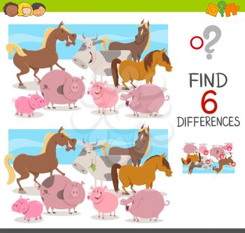 Cartoon Illustration of Spot the Differences Educational Game for Children with Cow and Pigs and Horses Farm Animal Characters