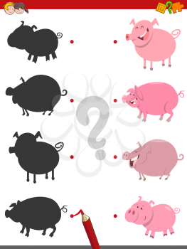 Cartoon Illustration of Find the Shadow Educational Activity Game for Children with Pig Farm Animal Characters