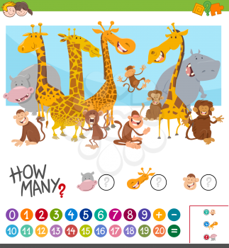 Cartoon Illustration of Educational Mathematical Game of Counting Animal Characters for Children