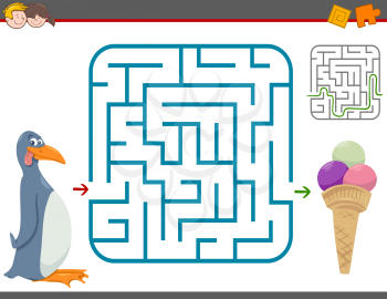 Cartoon Illustration of Educational Maze or Labyrinth Leisure Game with Penguin and Ice Cream