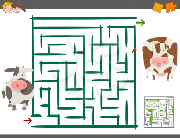 Cartoon Illustration of Education Maze or Labyrinth Leisure Game with Calf and Cow