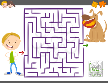 Cartoon Illustration of Education Maze or Labyrinth Leisure Game with Boy and his Dog