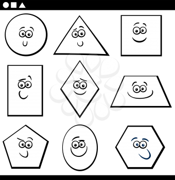Black and White Cartoon Illustration of Educational Basic Geometric Shapes Funny Characters for Children Coloring Page