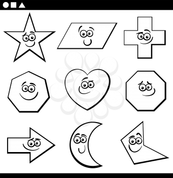 Black and White Cartoon Illustration of Educational Basic Geometric Shapes Funny Characters for Kids Coloring Page