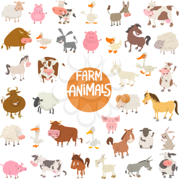 Cartoon Illustration of Cute Farm Animal Characters Large Set