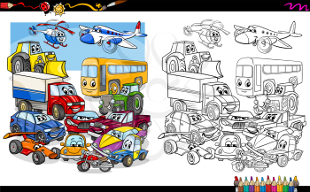 Cartoon Illustration of Transport Vehicle Characters Group Coloring Book Activity