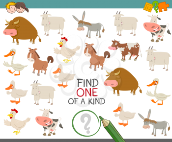 Cartoon Illustration of Find One of a Kind Educational Activity Game for Children with Farm Animal Characters