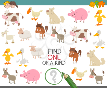 Cartoon Illustration of Find One of a Kind Educational Game for Children with Farm Animal Characters