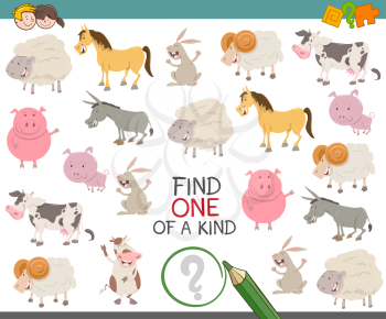 Cartoon Illustration of Find One of a Kind Educational Activity Game for Kids with Farm Animal Characters