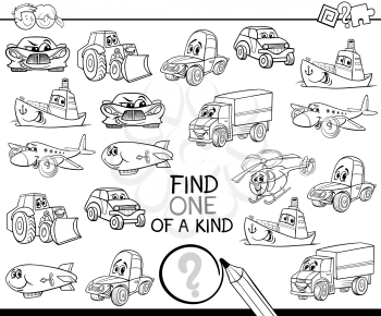 Black and White Cartoon Illustration of Find One of a Kind Educational Activity Game for Children with Fantasy Characters Coloring Page