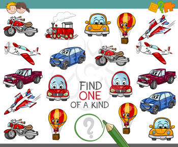 Cartoon Illustration of Find One of a Kind Educational Activity for Children with Transportation Vehicle Characters