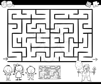 Cartoon Illustration of Education Maze or Labyrinth Game for Children with Kids Cotton Candy Seller Coloring Page