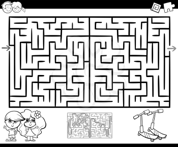 Cartoon Illustration of Education Maze or Labyrinth Game for Children with Kids and Scooters Coloring Page