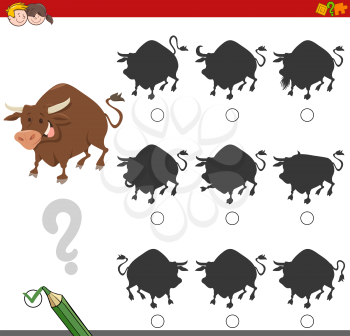 Cartoon Illustration of Finding the Shadow without Differences Educational Activity for Children with Bull Farm Animal Character