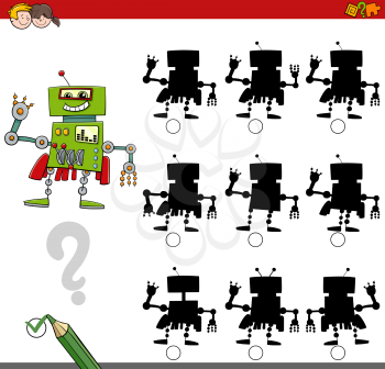 Cartoon Illustration of Finding the Shadow without Differences Educational Activity for Kids with Robot Fantasy Character