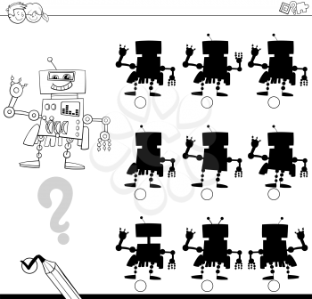 Black and White Cartoon Illustration of Finding the Shadow without Differences Educational Activity for Kids with Robot Fantasy Character Coloring Page
