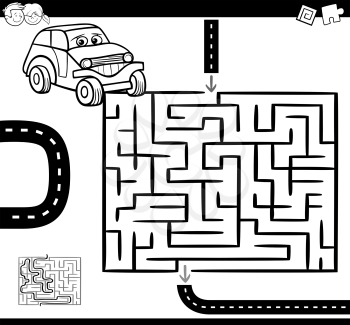 Cartoon Illustration of Education Maze or Labyrinth Game for Children with Car Character Coloring Page