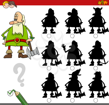Cartoon Illustration of Finding the Shadow without Differences Educational Activity for Kids with Dwarf Fantasy Character