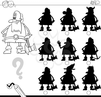 Black and White Cartoon Illustration of Finding the Shadow without Differences Educational Activity for Kids with Dwarf Fantasy Character Coloring Page