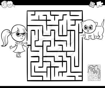 Cartoon Illustration of Education Maze or Labyrinth Game for Children with Little Girl and Kitten Coloring Page