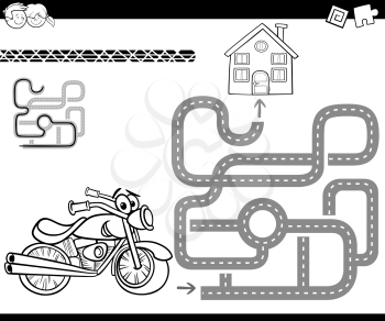 Cartoon Illustration of Education Maze or Labyrinth Game for Children with Motorbike Character Coloring Page