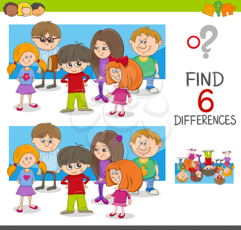 Cartoon Illustration of Spot the Differences Educational Game with Children Characters Group