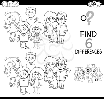 Black and White Cartoon Illustration of Spot the Differences Educational Game for Children with Elementary Age Kid Characters Group Coloring Page