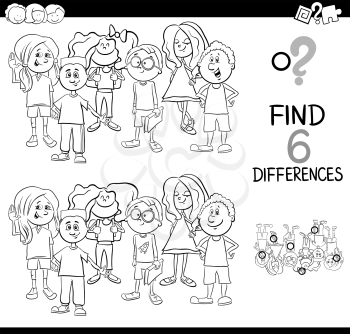 Black and White Cartoon Illustration of Spot the Differences Educational Game with Elementary Age Children Characters Group Coloring Page