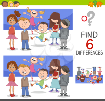 Cartoon Illustration of Spot the Differences Educational Game for Children with Kids Characters Group