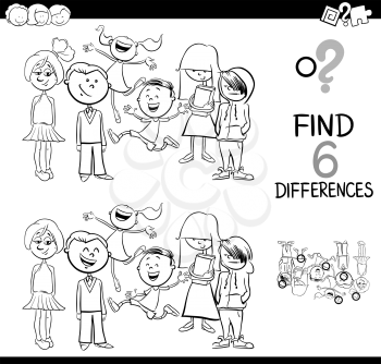 Black and White Cartoon Illustration of Spot the Differences Educational Game for Children with Kids Characters Group Coloring Page