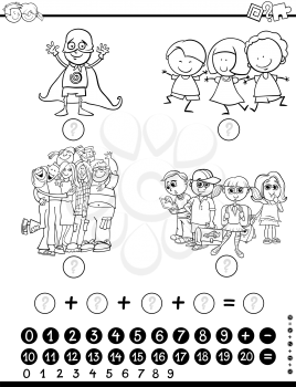 Black and White Cartoon Illustration of Educational Mathematical Activity Game for Children with Kid Characters Coloring Page