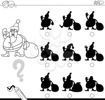 Black and White Cartoon Illustration of Finding the Shadow without Differences Educational Activity for Kids with Christmas Santa Holiday Character Coloring Page