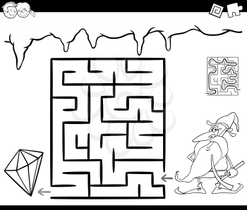 Cartoon Illustration of Education Maze or Labyrinth Game for Children with Dwarf in Mine and Precious Gem