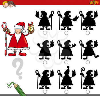 Cartoon Illustration of Finding the Right Shadow Educational Activity for Kids with Christmas Santa Holiday Character
