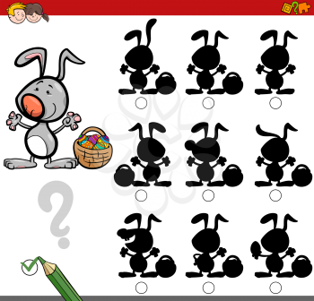 Cartoon Illustration of Finding the Shadow without Differences Educational Activity for Kids with Easter Bunny Holiday Character