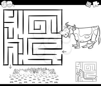Black and White Cartoon Illustration of Education Maze or Labyrinth Game for Children with Cow and Field Coloring Page