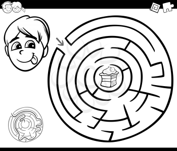 Black and White Cartoon Illustration of Education Maze or Labyrinth Game for Children with Boy and Cake Coloring Page