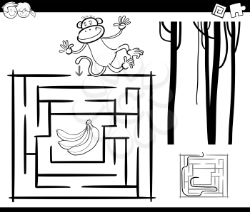 Black and White Cartoon Illustration of Education Maze or Labyrinth Game for Children with Monkey and Bananas Coloring Page