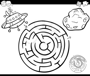 Black and White Cartoon Illustration of Education Maze or Labyrinth Game for Children with Alien Ufo Coloring Page