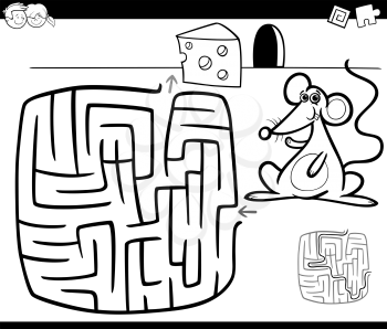 Black and White Cartoon Illustration of Education Maze or Labyrinth Game for Children with Mouse and Cheese Coloring Page